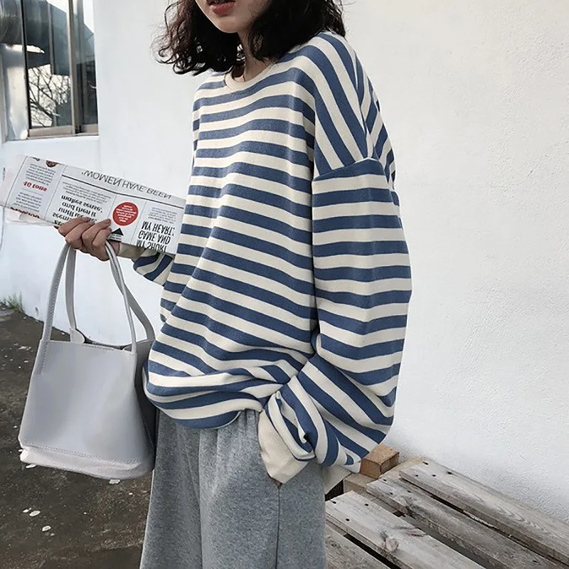 Stripe O Neck Hoodies Harajuku Spring Long Sleeve Oversized Korean Thin Sweatshirt Long Sleeve Casual Pullovers  All Match Top