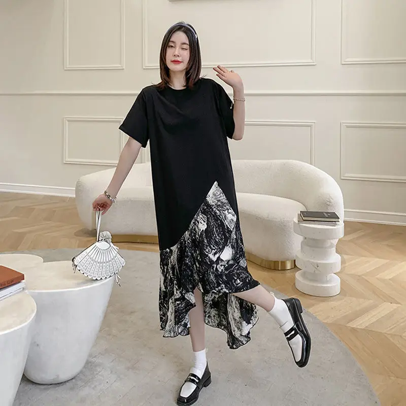 

Irregular Women Summer Dress Large Size Women Clothing Casual Loose Stitched Patchwork Chiffon Dress Mid-calf Pregnant Dresses
