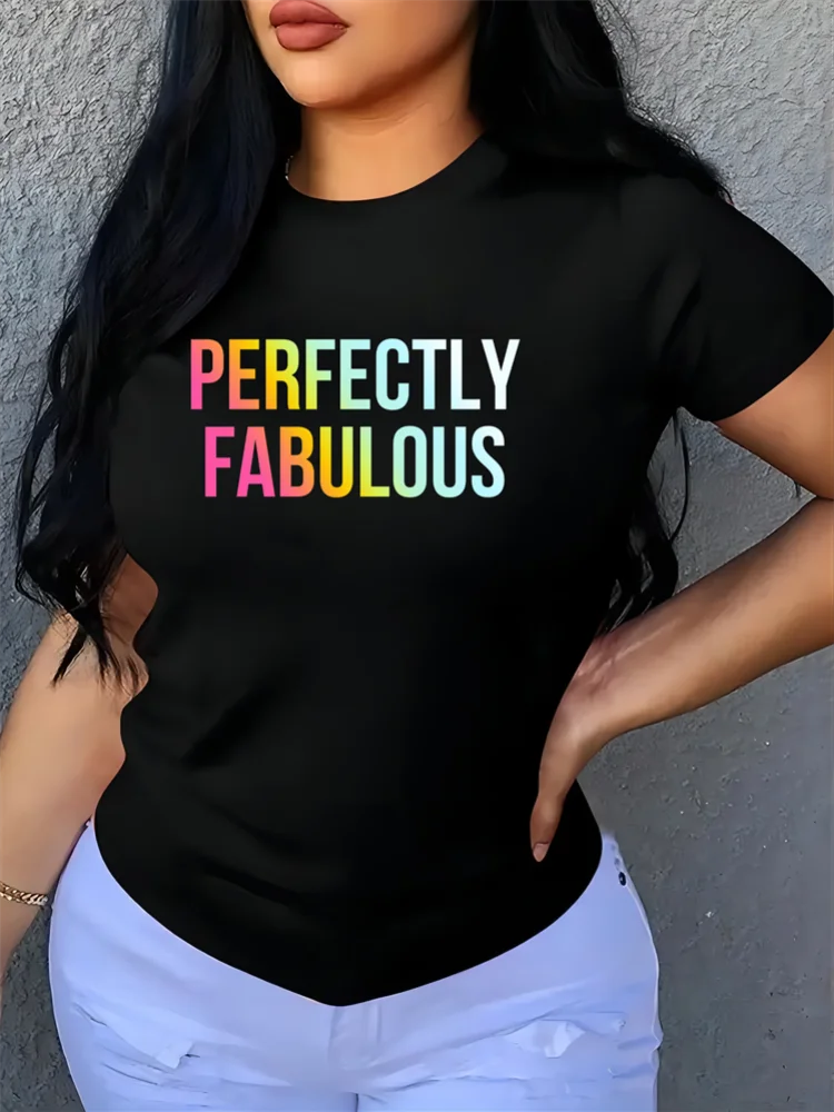 

New Round Neck Black Bottom Printed Tops Fashion Women Clothing Short Sleeve Regular Style Letter Printing T Shirt Urban Leisure