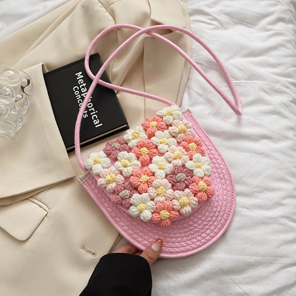 

Design Brand Woven Flowers Shoulder Bags for Women Fashion Small Phone Crossbody Bag Luxury Cotton and Linen Purses and Handbags