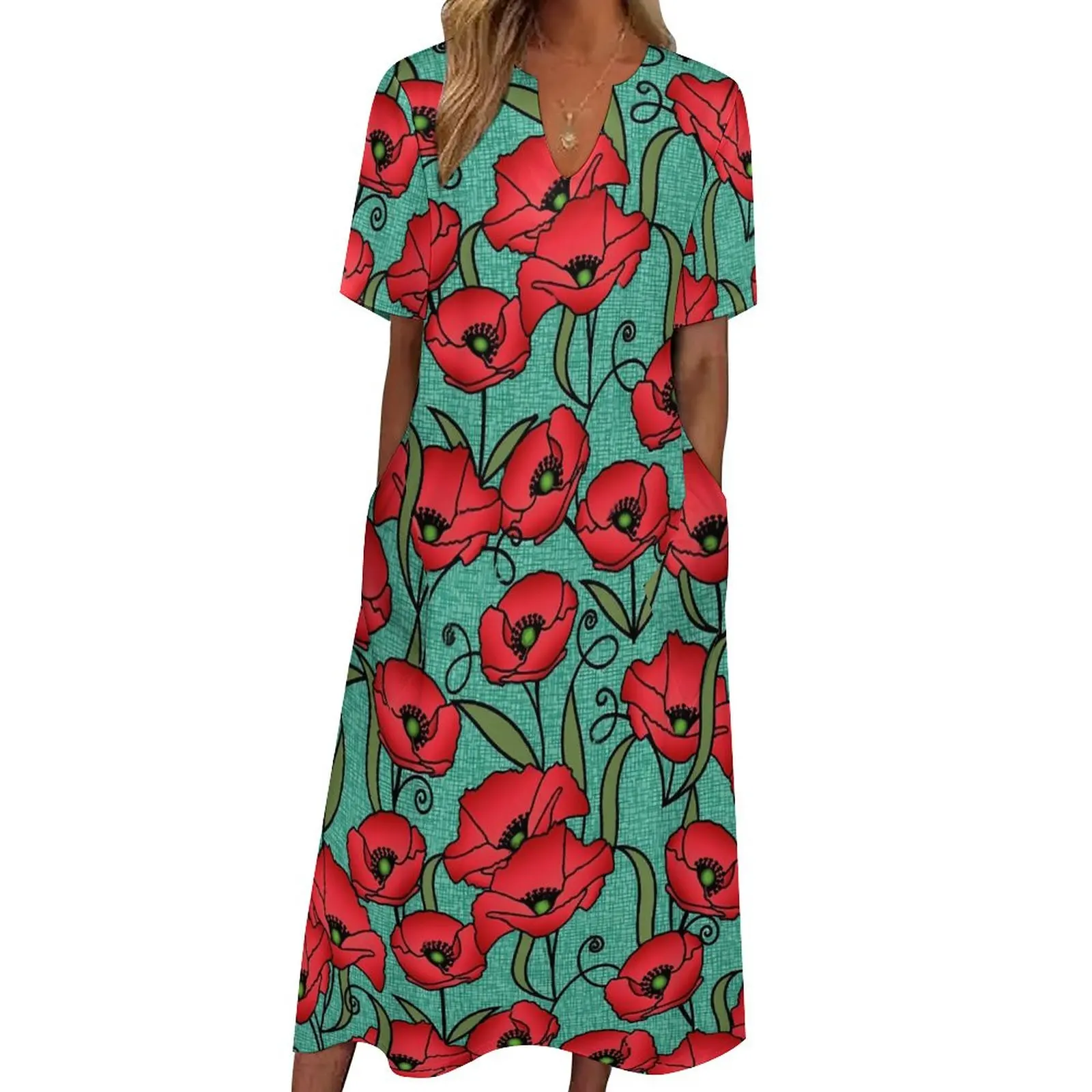 

Aqua Poppy Floral Dress Red Flower Print Night Club Maxi Dress Fashion Boho Beach Long Dresses Summer V Neck Custom Clothes