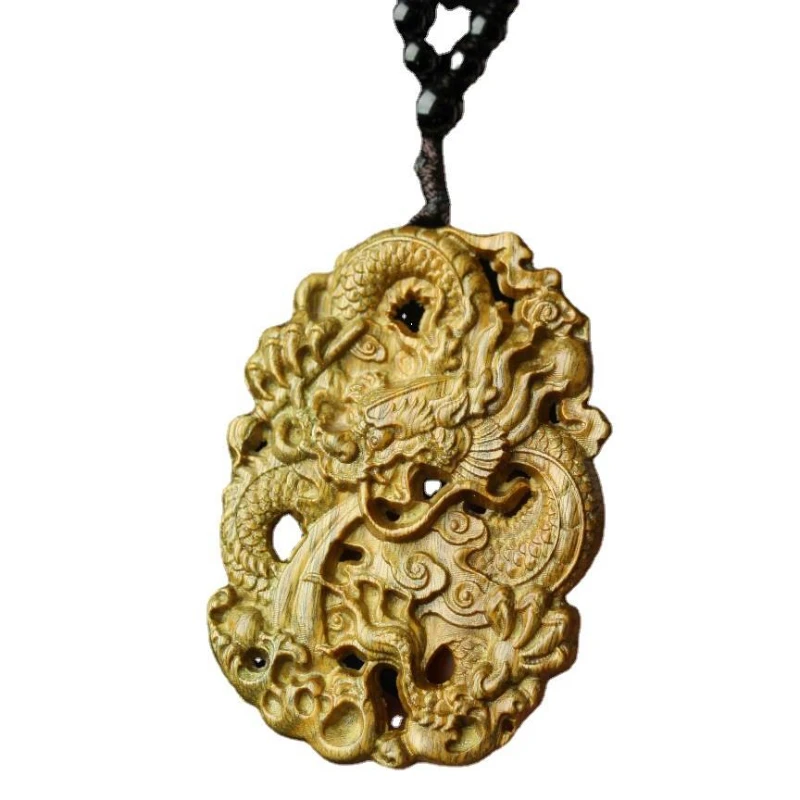 

Green sandalwood carved dragon brand pendant solid wood Xianglong spit water zodiac dragon car hanging jewelry rearview mirror