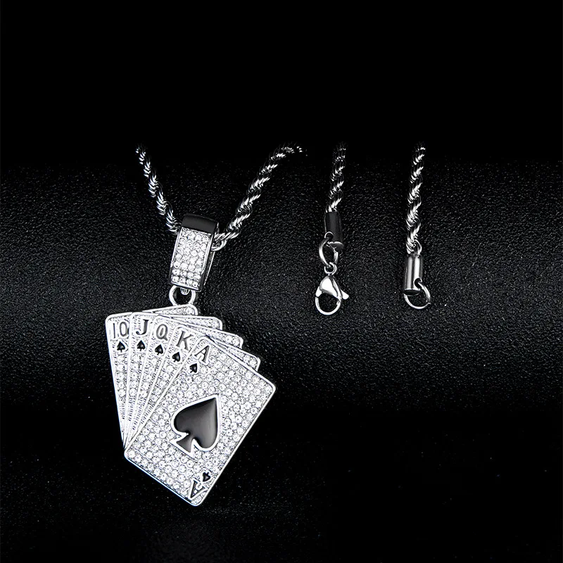 

Hip Hop Bling Poker Royal Flush Pendant With Iced Out 13mm Width Crystal Miami Cuban Chain Necklace For Men Fashion Jewelry