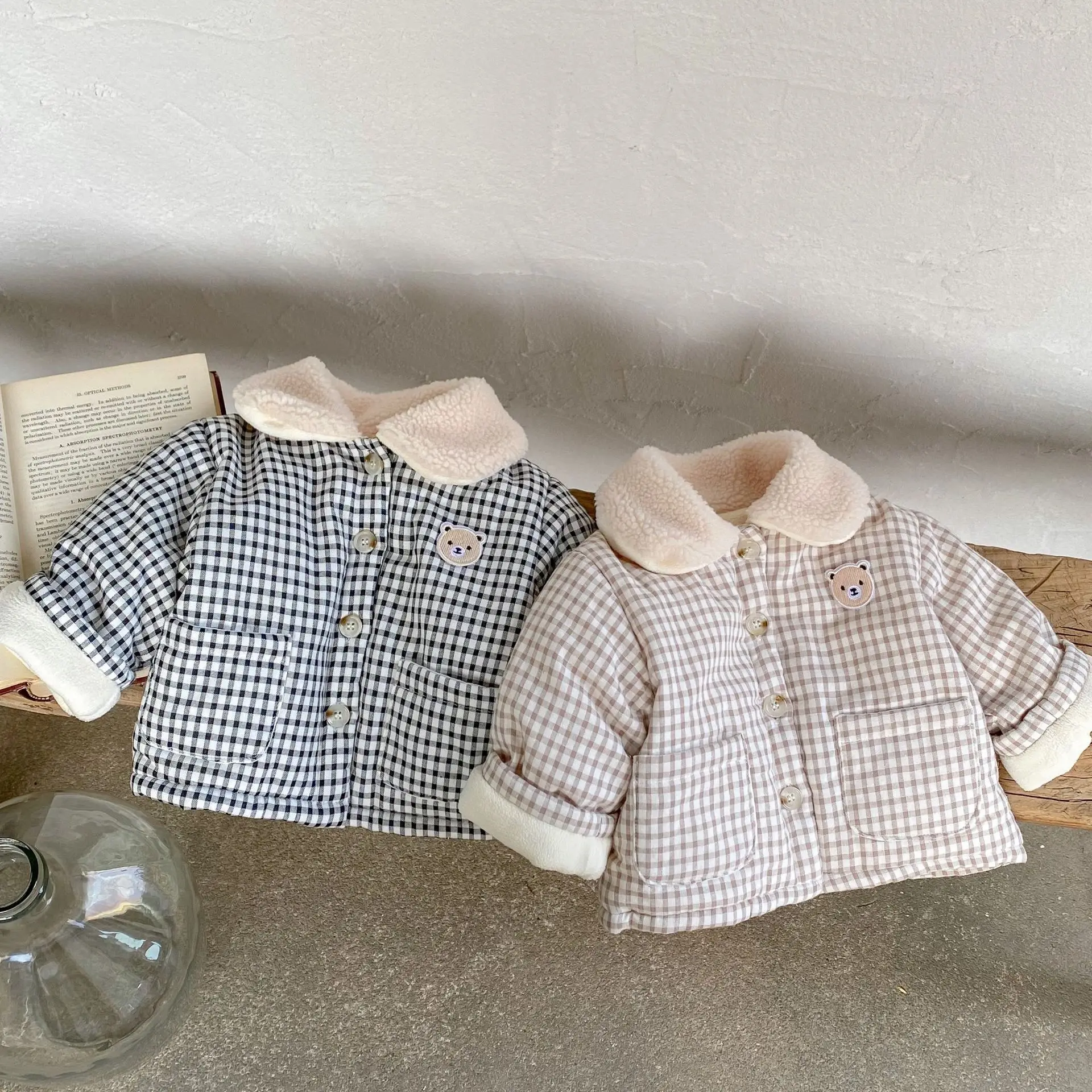 

2022 Baby Winter Plaid Cotton Coat Boy Girl Cardigan Pocket Long Sleeve Plus Fleece Tops Kid Boy Cartoon Bear Thicken Jackets