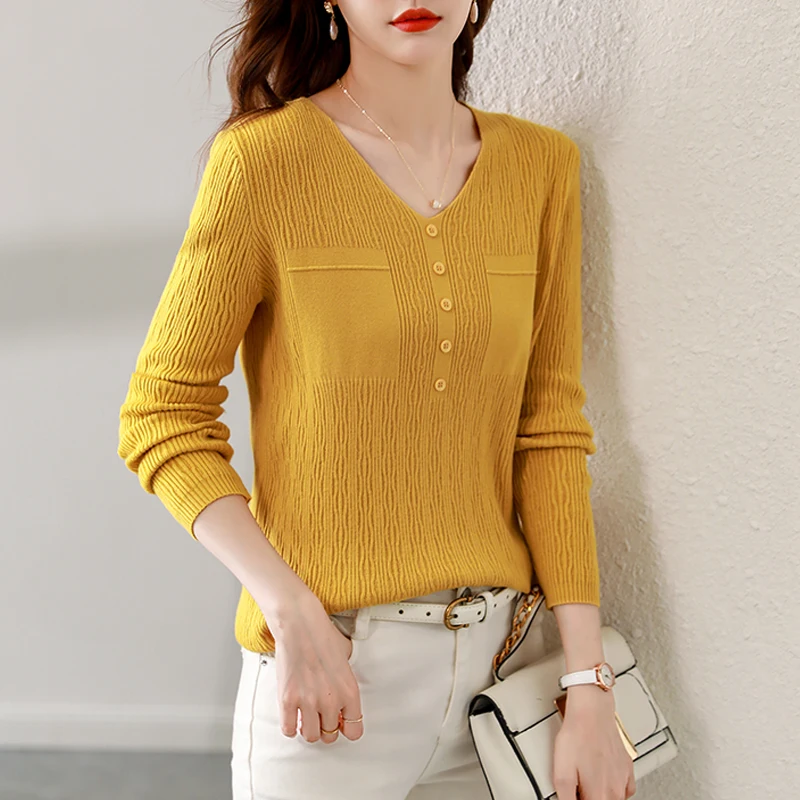 

Korean Version New V-neck Autumn And Winter Women Long Sleeve Sweater Pure Color Fashionable Loose-fitting Knitshirt T466
