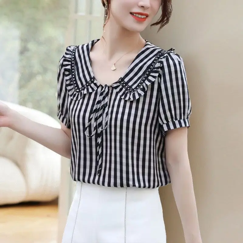 

Blouses Femme Tops Women Turn Down Collar Fashion Women 2023 Summer Striped Clothing Short Sleeve Chiffon Blouse Shirts Q93