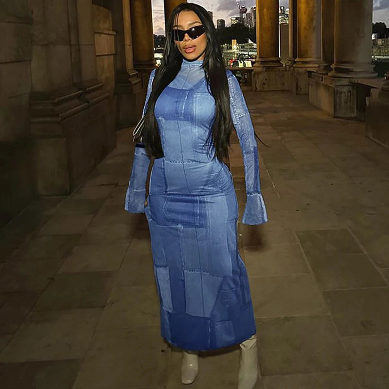 

Women Fashion Long Sleeve Bodycon Printed Streetwear Midi Dress 2023 Spring Summer Fall Clothing Wholesale Items For Business