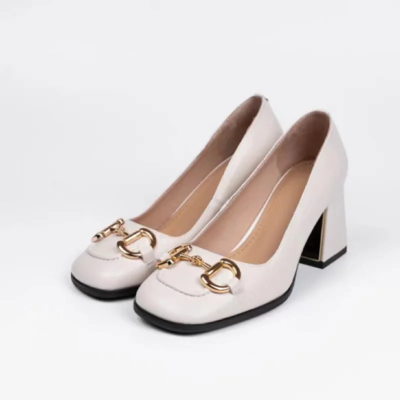 2023Horse Buckle High-heeled One-line Buckle Women's Shoes Leather Square Mid-heel Chunky Sandals Metal Vintage Single Shoes22-9