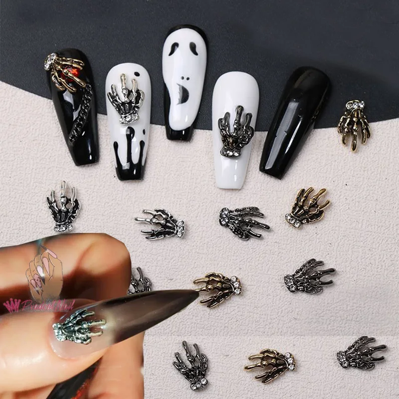 

10Pcs Halloween 3D Nail Art Decorations Jewelry Charms Skeleton Hand Metal Alloy Spooky Design DIY Manicure Accesories