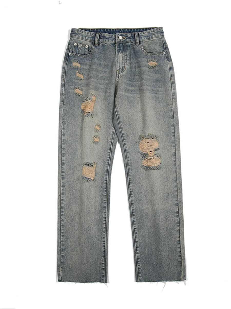 Four Seasons Men's Wear Vibe American High Street Ripped Jeans Hip Hop Loose Straight Trousers Fashion Streetwear Ins Hot Sale