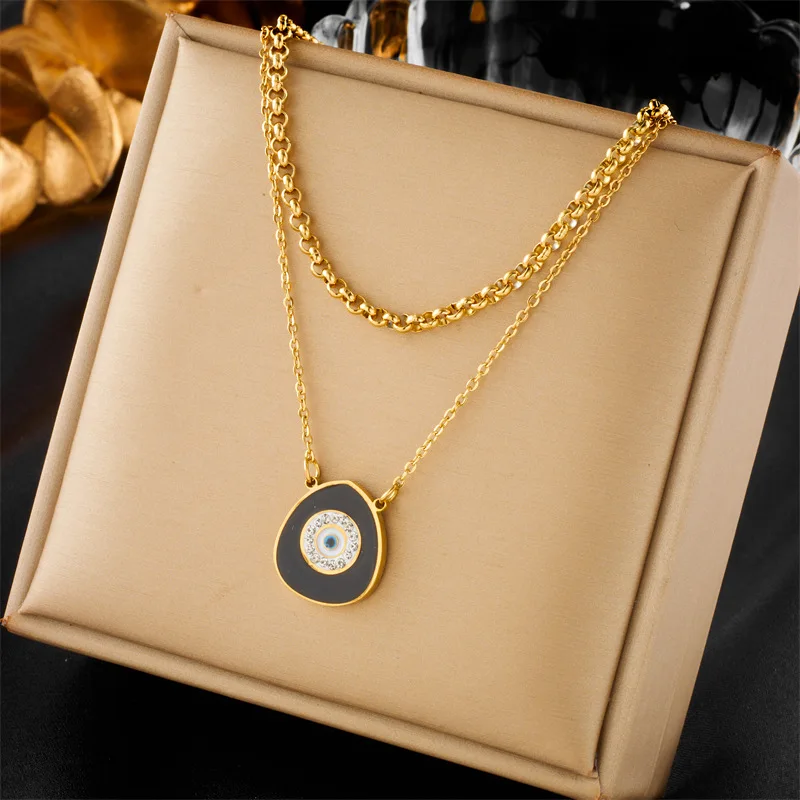 

316L Stainless Steel Waterdrop Eyes Pendant Necklace For Women Girl New Retro Double Layer Clavicle Chain Jewelry Gift Wholesale