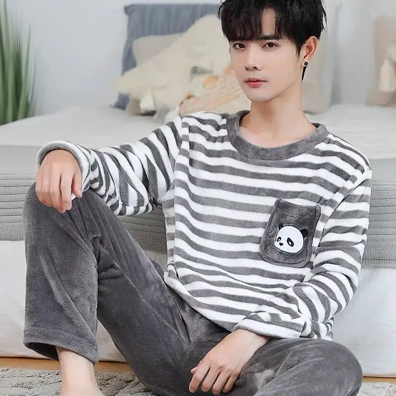Men Fashion Autumn Winter Coral Fleece Pajamas Striped Sleepwear Set Warm Thicken Homewear Suit