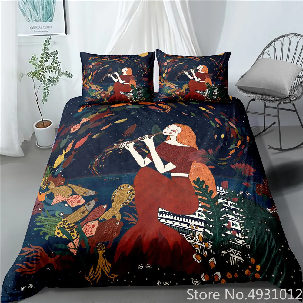 

3D Fashion oil Painting Hand-Painted Mermaid Bedding Set Family Bedroom Decoration Sea Daughter Duvet Cover Pillowcase Full Size