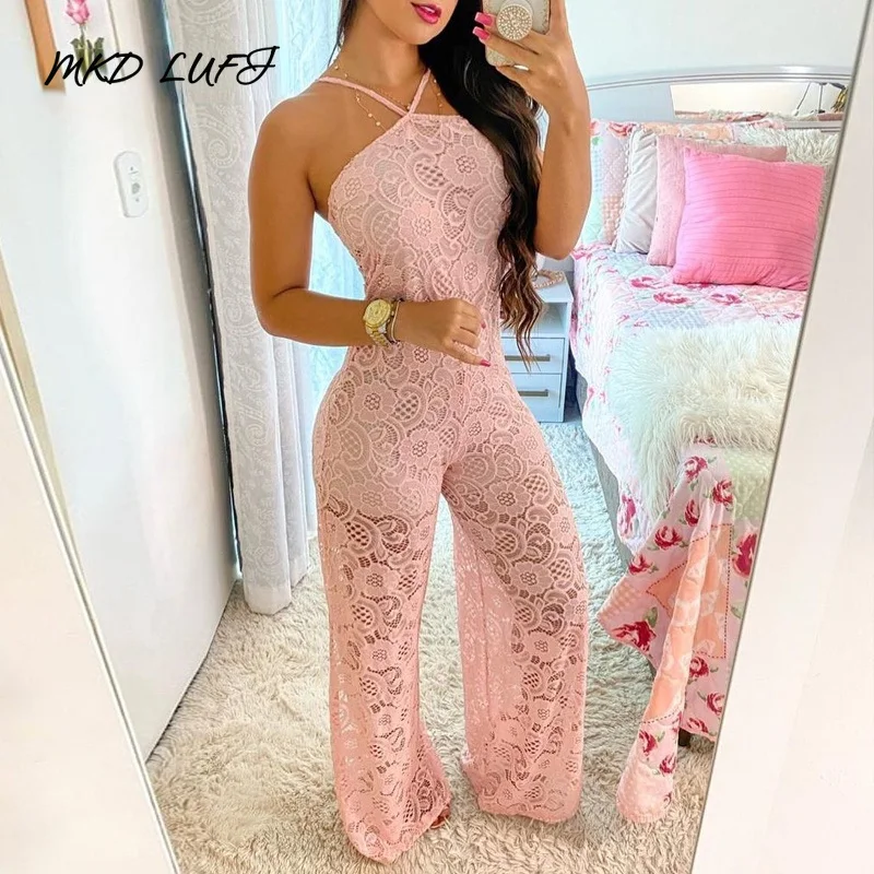 

MKD LUFI Sexy Hallow Out Lace Halter Rompers Women Jumpsuit
