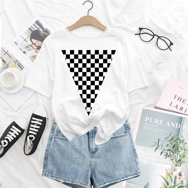 

Women White T Shirt geometry lattice Graphics Harajuku Cute T-shirt female Tops 90s Aesthetic Short sleeve Ladies Tees shirt