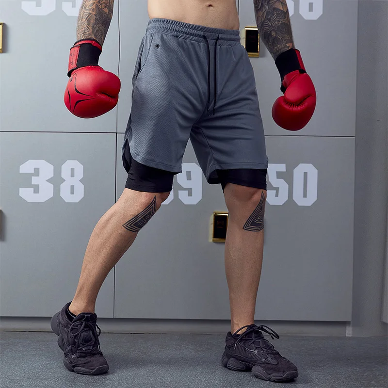 

Athletics Running Shorts Men Summer Double-deck Quick Dry GYM Sport Fitness Jogging Workout Shorts Men Moisture Wicking Pants