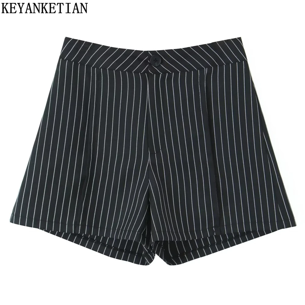 

KEYANKETIAN summer new women's striped shorts commuting wind black and white side zipper high waist wide tube straight leg pants