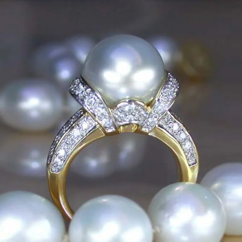 

Huitan New Design Big Imitation Pearl Ring for Women Elegant Anniversary Party Ring High Quality Statement Jewelry Drop Shipping