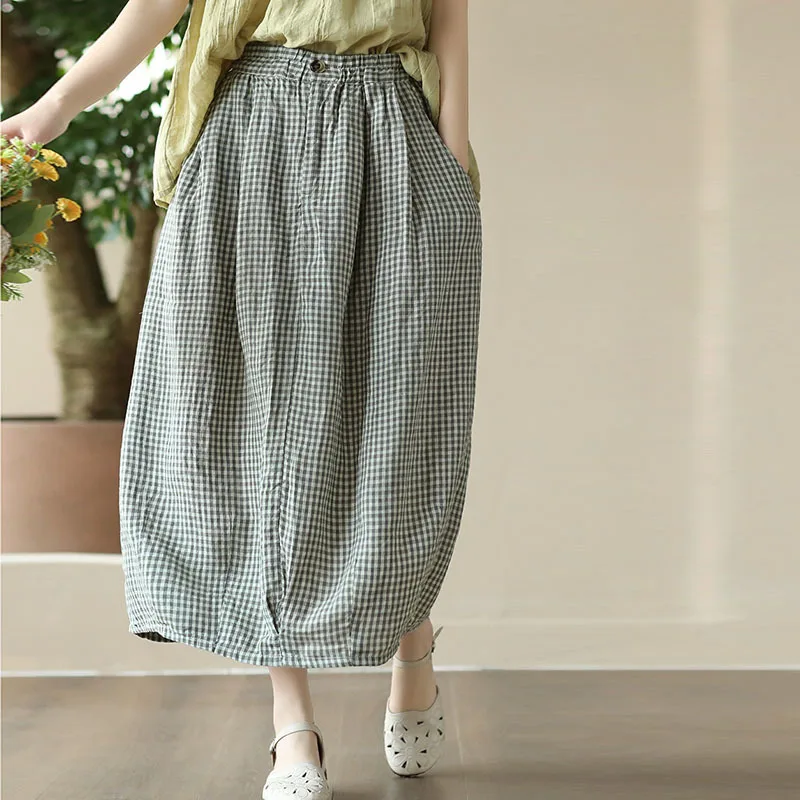 

NINI WONDERLAND весенне-летняя тканая льняная хлопковая клетчатая юбка 2023 Женская свободная трапециевидная юбка с эластичной талией женские повседневные юбки