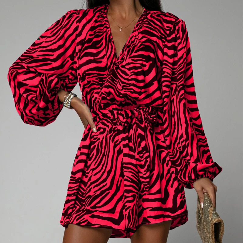 

Женское платье с рукавами-фонариками, элегантное винтажное офисное платье с V-образным вырезом и принтом зебры, вечерние