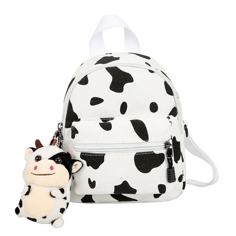 

Small Women's Backpack Fashion Canvas School Bag for Girls 2022 Kawaii Cartoon Cow Print Female Student Backapcks Travel Mochila
