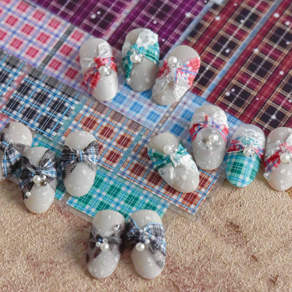 

3D Engraved Nail Stickers Checked Pattern Butterfly Dot Retro Vintage Sticker Art Decorations Decals Korea Manicure Autumn Fall