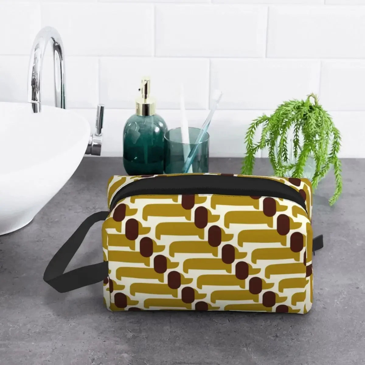 Пользовательские Orla Kiely Prints Dog Show Желтая косметичка для женщин Большая