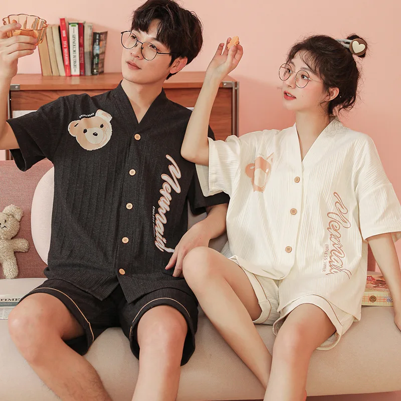 Short Sleeve Sleepwear Couple Men and Women Matching Home Set Cotton Pjs Cartoon Prints Leisure Nightwear Pajamas for Summer