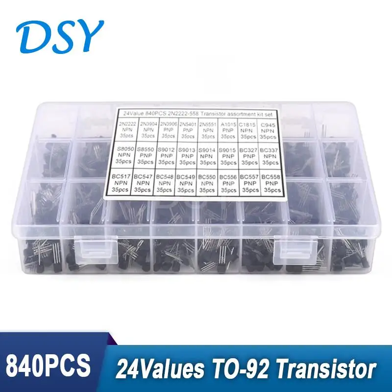 

840PCS/Set 24Values TO-92 Transistor Kit BC327 BC337 BC547 Transistor 2N2222 2N3904 2N3906 C945 S8050 S8550 S9012 NPN PNP Triode