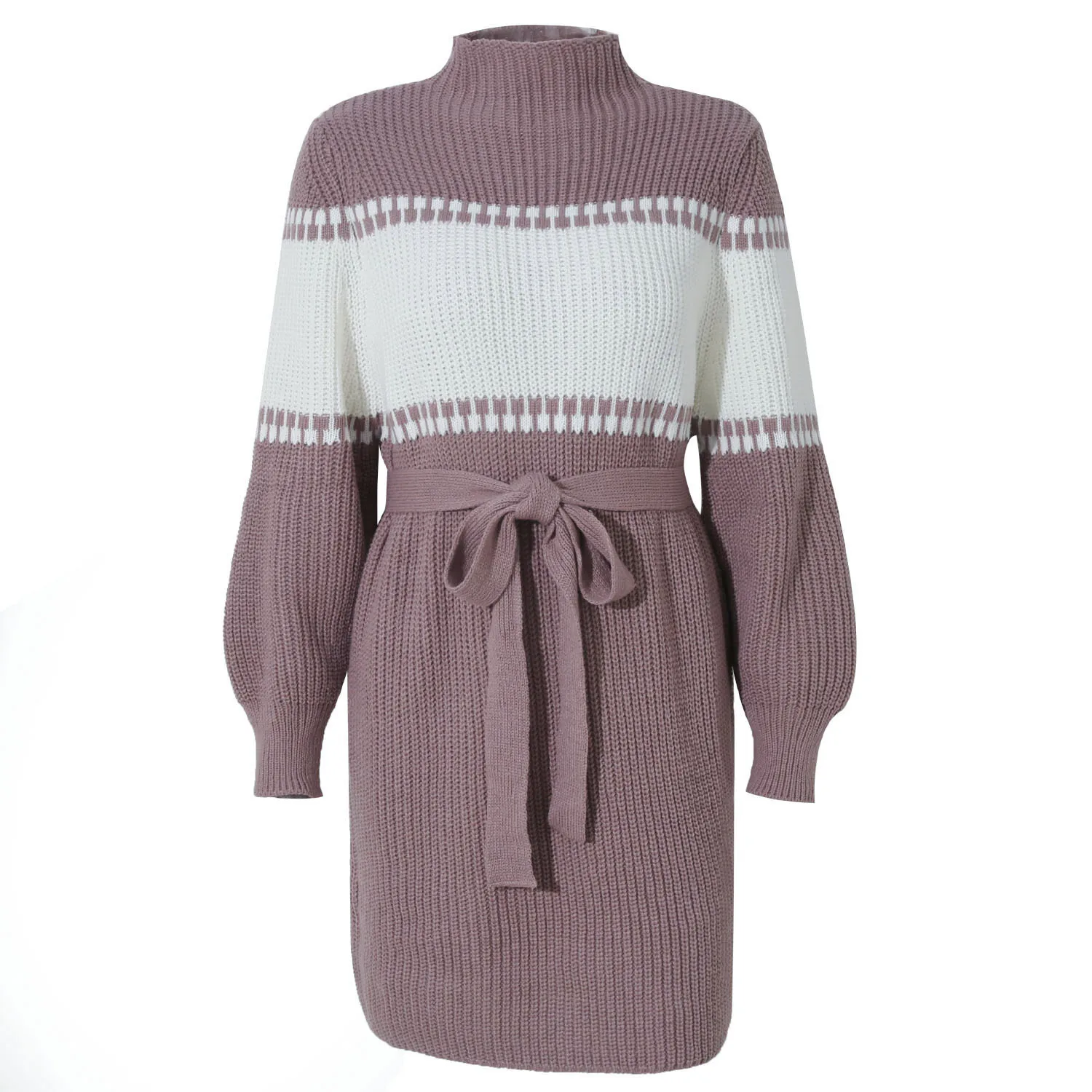 

Fashion New Autumn and Winter New Knitted Dress Half High Collar Lantern Sleeve Color Contrast Wool Dress Sexy Dress