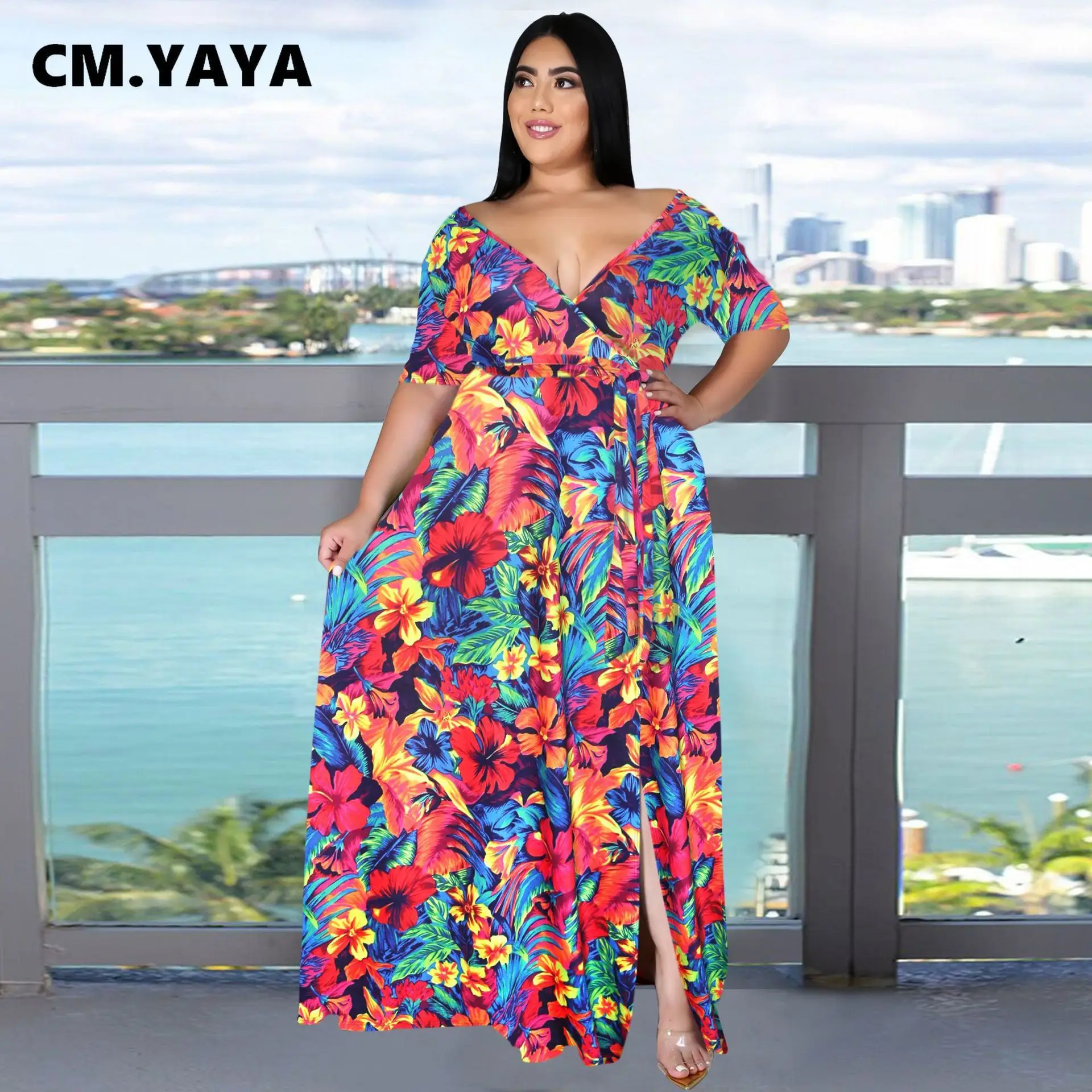 

CM.YAYA Women Plus Size Dress Print Short Sleeve V-neck Split Maxi Bohemian Dresses Bandage Sashes Fashion Streetwear Summer