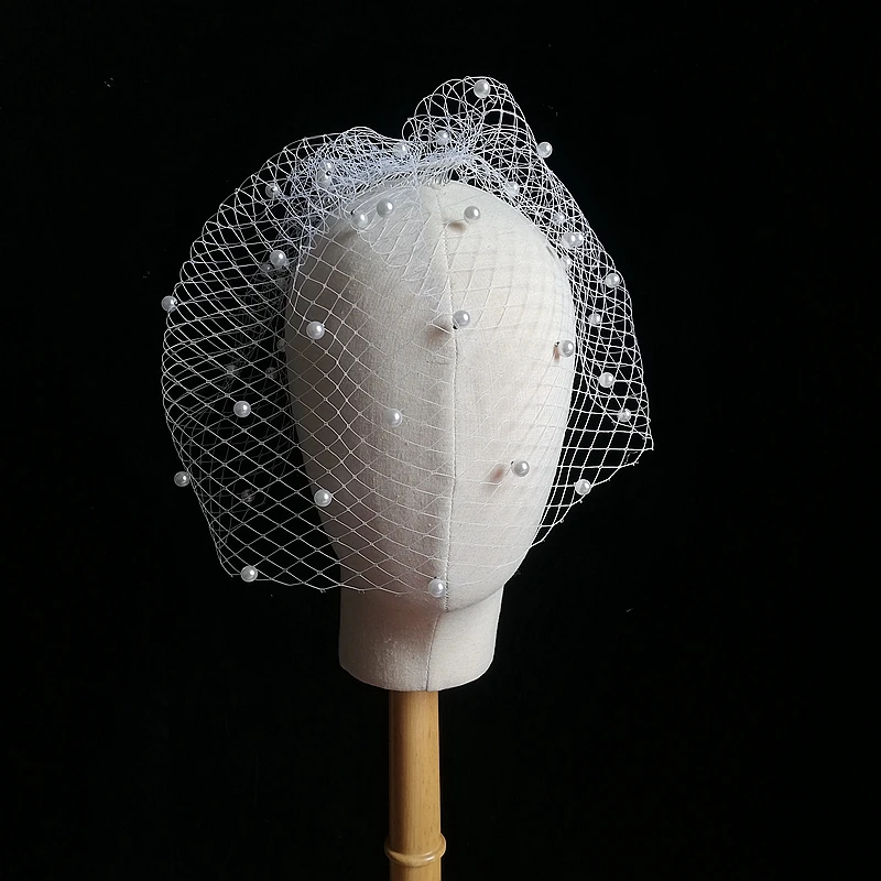 

New Arrival White Ivory Russian Net Wedding Party Head Dress Pearls Beaded Birdcage Veil Voile mariee Akcesoria ślubne