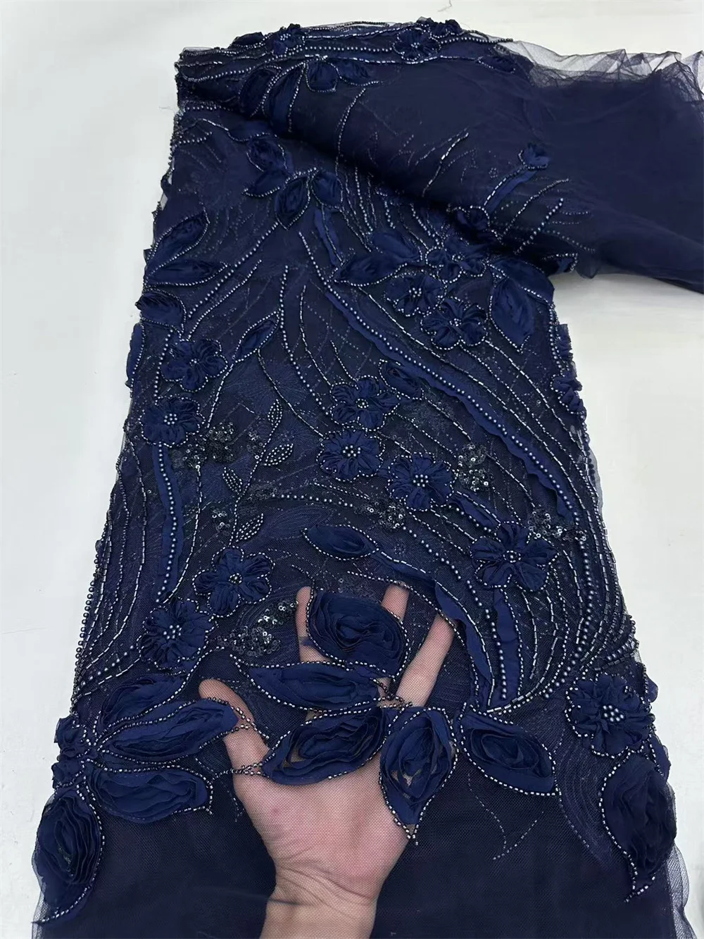 Роскошная кружевная ткань высокого качества с бисером 2024 темно-синяя блестками 5