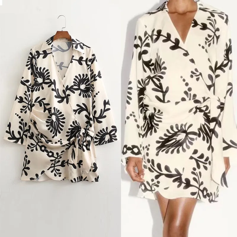 

2022 Summer Women New Bow Dresses Elegant Turn Down Collar Party Vestido Long Sleeve A-line Female Loose Causal Outfit