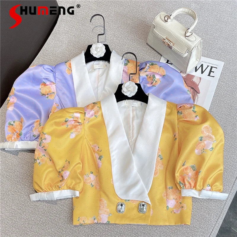 

2022 Summer Simple Versatile Slimming Tops Mujer Rhinestone Buckle Sexy V-neck Short Puff Sleeve Printed Satin Short Shirt