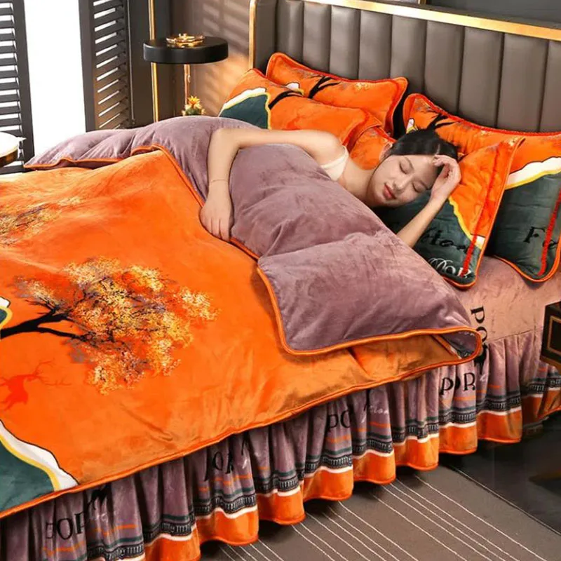 

Winter thickened milk fleece four-piece double sided flannel bed skirt warm breathable duvet cover single double large extra lar