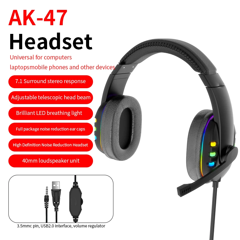 Игровая гарнитура AK47 с креплением на голову и микрофоном проводные