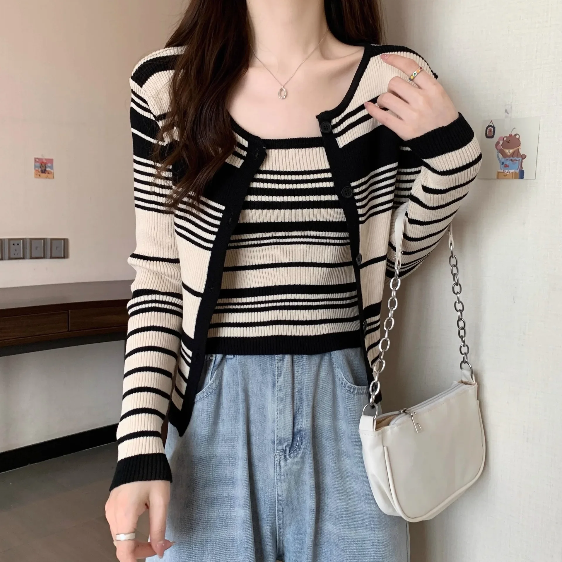 Вязаный кардиган из двух частей топ в полоску тонкий свитер куртка женская