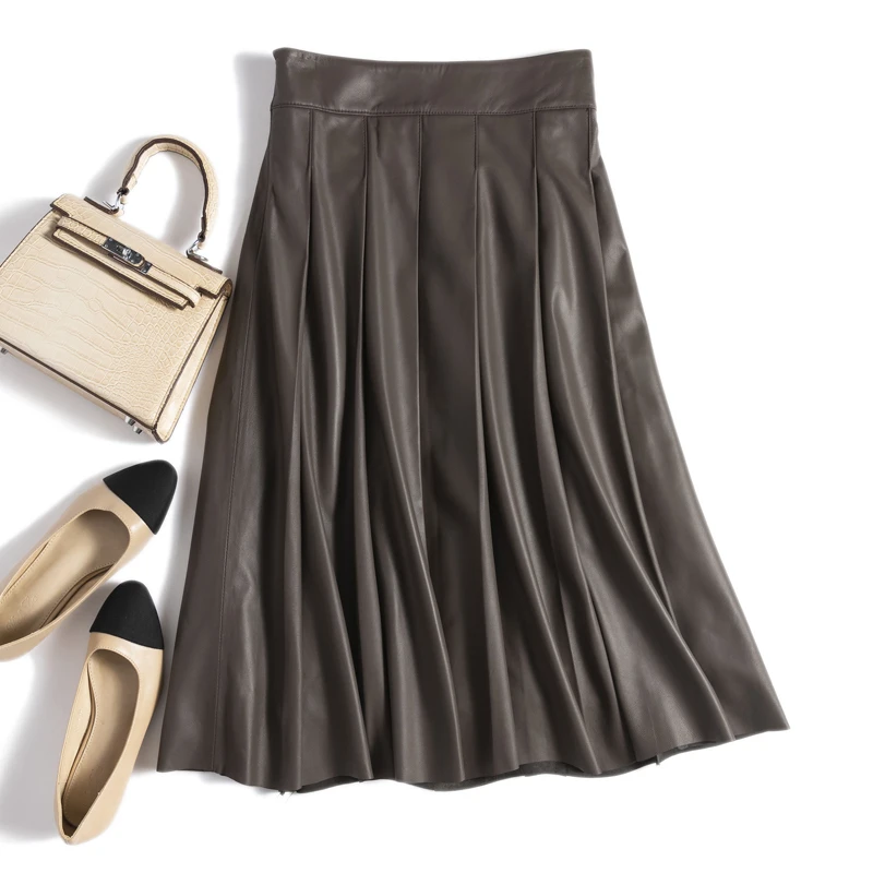 

High End Lambskin Skirt for Women 2023 Winter Harajuku Elastic Waist Big Swing Pleated Jupe Femme 100% Leather Faldas Largas