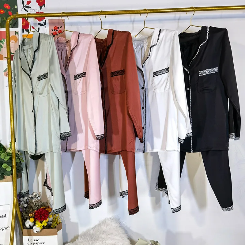 2023 women's home wear spring, summer and autumn new sexy ice silk thin rayon long-sleeved black lace women's pajamas