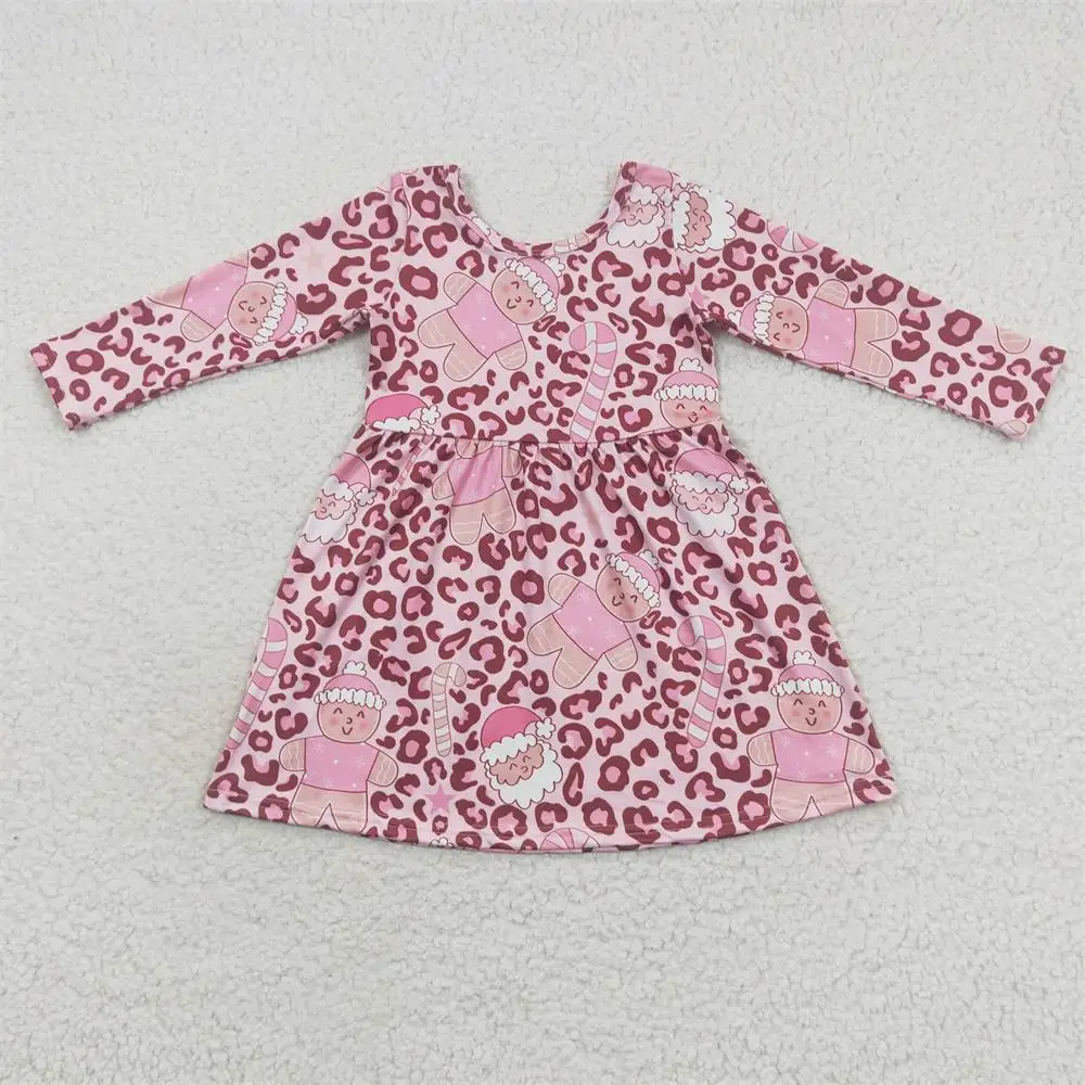 Wholesale Kids One Piece Children Baby Girl Clothing Infant Toddler Leopard Long Sleeves Christmas Santa Gingerbread Pink Dress