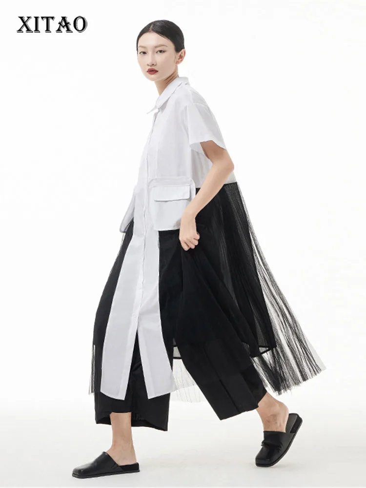 

XITAO Mesh Dress Fashion Black Pocket Goddess Fan Casual Style Loose 2022 Summer Minority Mid Length Style Dress WLD8069