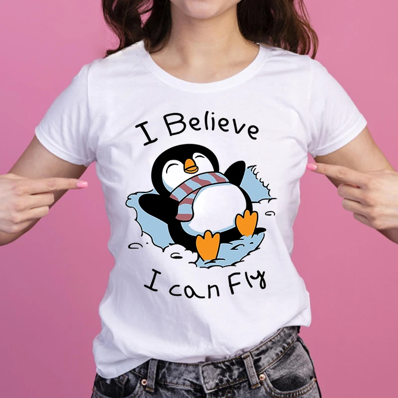 

Женская футболка с принтом Пингвин я верю я могу летать, женские летние повседневные футболки в стиле Харадзюку, Забавные топы с графически...