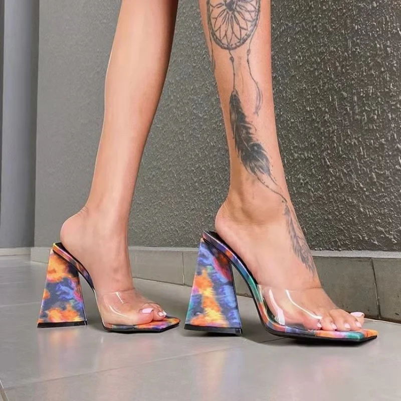 High Heels Summer High-heeled Slippers Women Triangle Thick Heel Slippers Sexy  Square Toe Thick Heel Open-toe Slip on Sandals