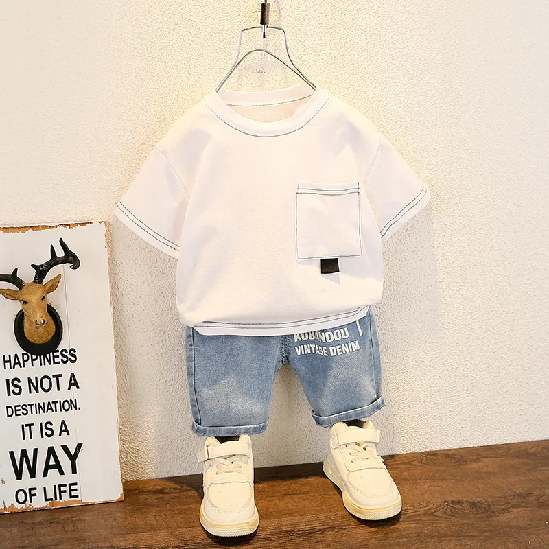 

Summer Children Pure White Round Neck T-shirt Baby Boys Girls Cotton Short Sleeve Shorts Jeans 2Pcs Sets Kids Fashion Loungewear