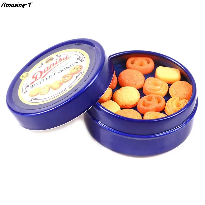 

1 Set 1/12 Dollhouse Miniature Danish Cookie Blue Tin Box Set Kitchen Accessories 37*17mm
