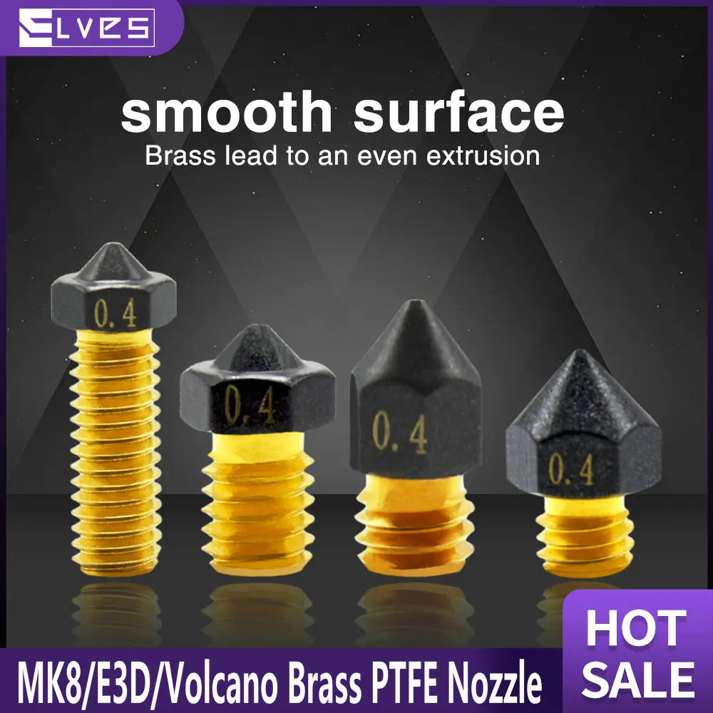 

ELVES MK8/V6//Volcano Brass PTFE Coating Nozzle Non Stick Filament 0.4mm 0.6mm/1.75mm Extruder Print Head Nozzle For Ender-3/v2