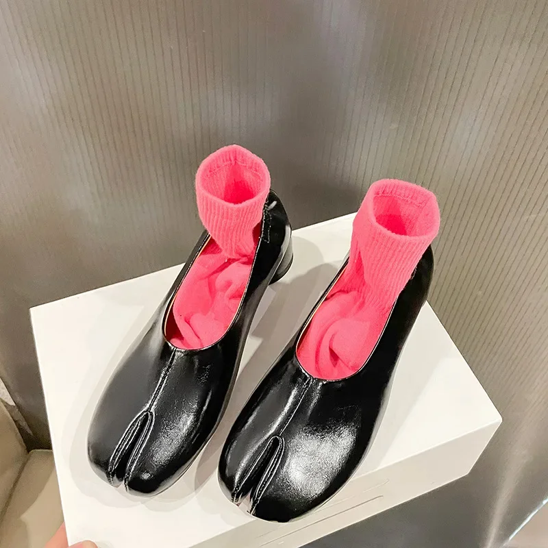 Vintage Split Toe High Heels Temperamental Soft Leather Chunky Pumps Horseshoe Loafers Elasticated Slip-On Women Shoes