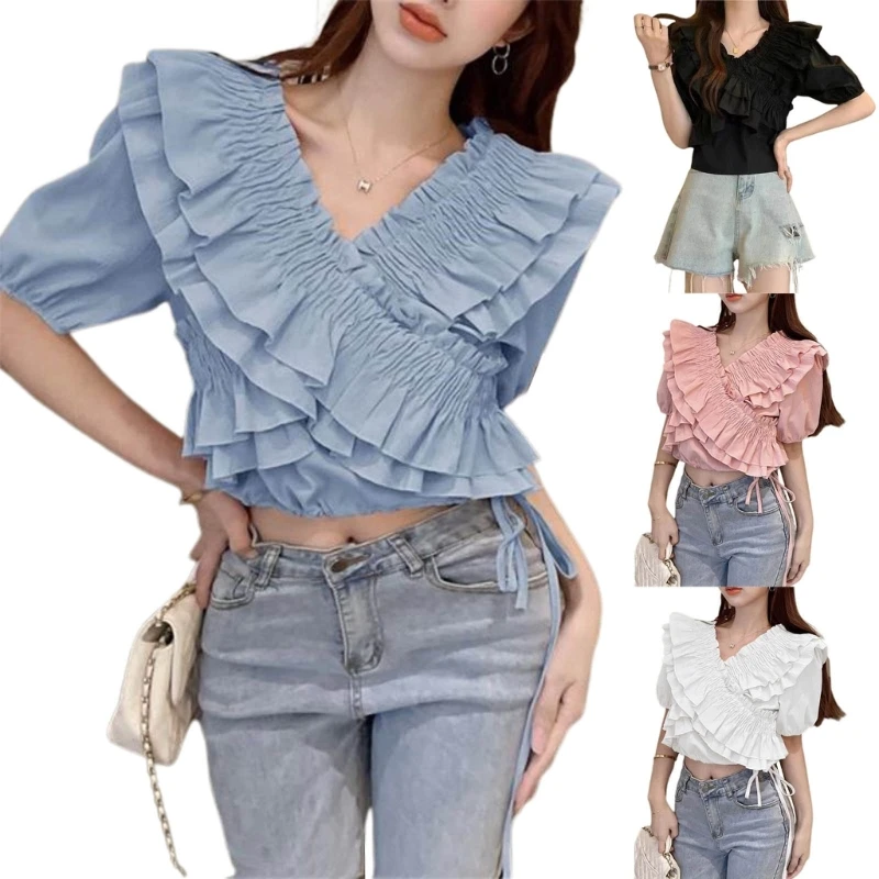 Womens Summer Daily Shirts Lacy Lotuss Neck Puff Short Sleeves Solid Color Blouses Sweet Style Girl Shirts for Office