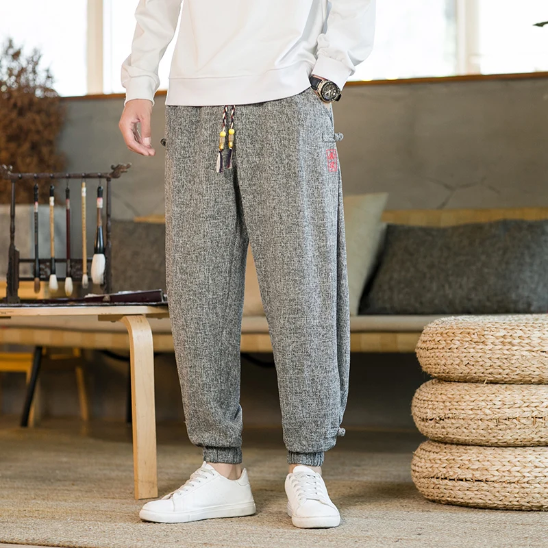 

Japanese Kimono Men's Ice Silk Trousers with Chinese Plate Buckle Embroidered Retro Harem Trousers Harajuku Hip Hop Sweatpants